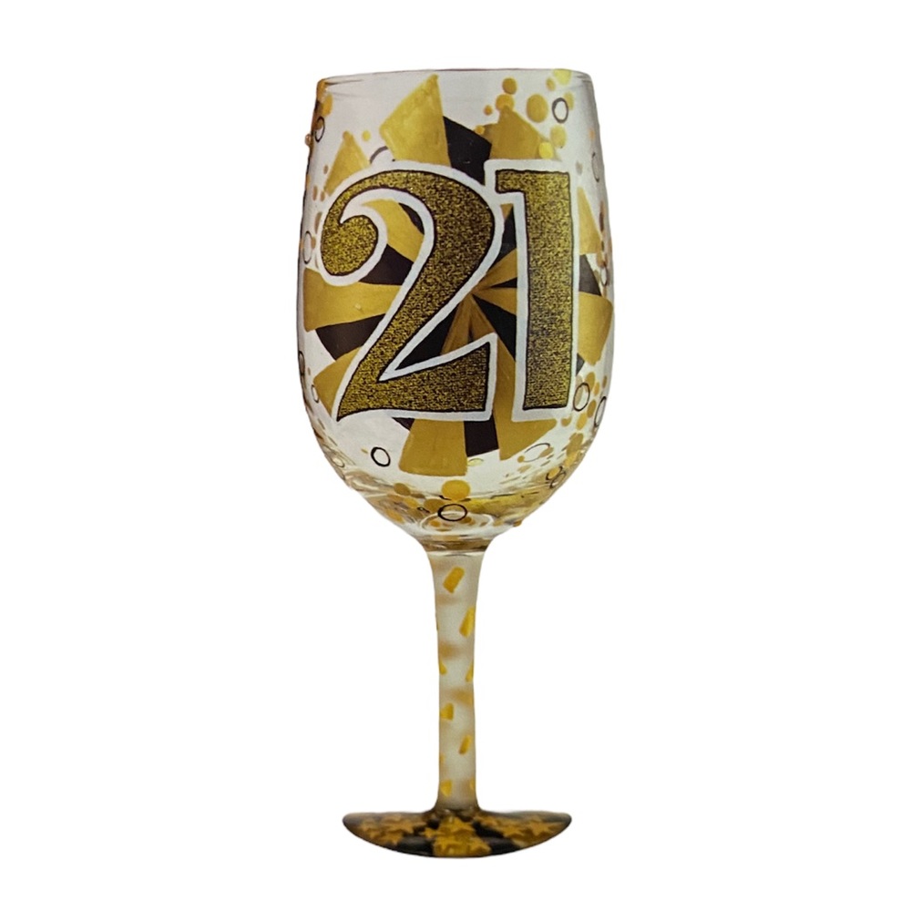 NWT Lolita Love My Wine 21 & Having Fun Hand Painted Gold 15oz Wine Glass